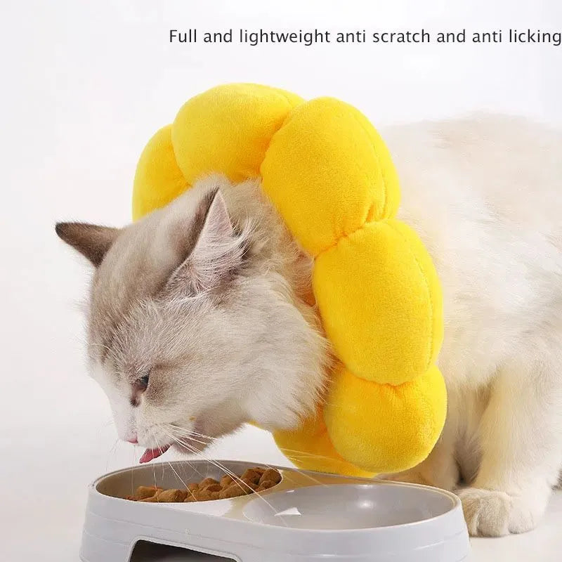Sunflower-pattern cotton protective collar for dogs and cats, shown with adjustable band and size chart.