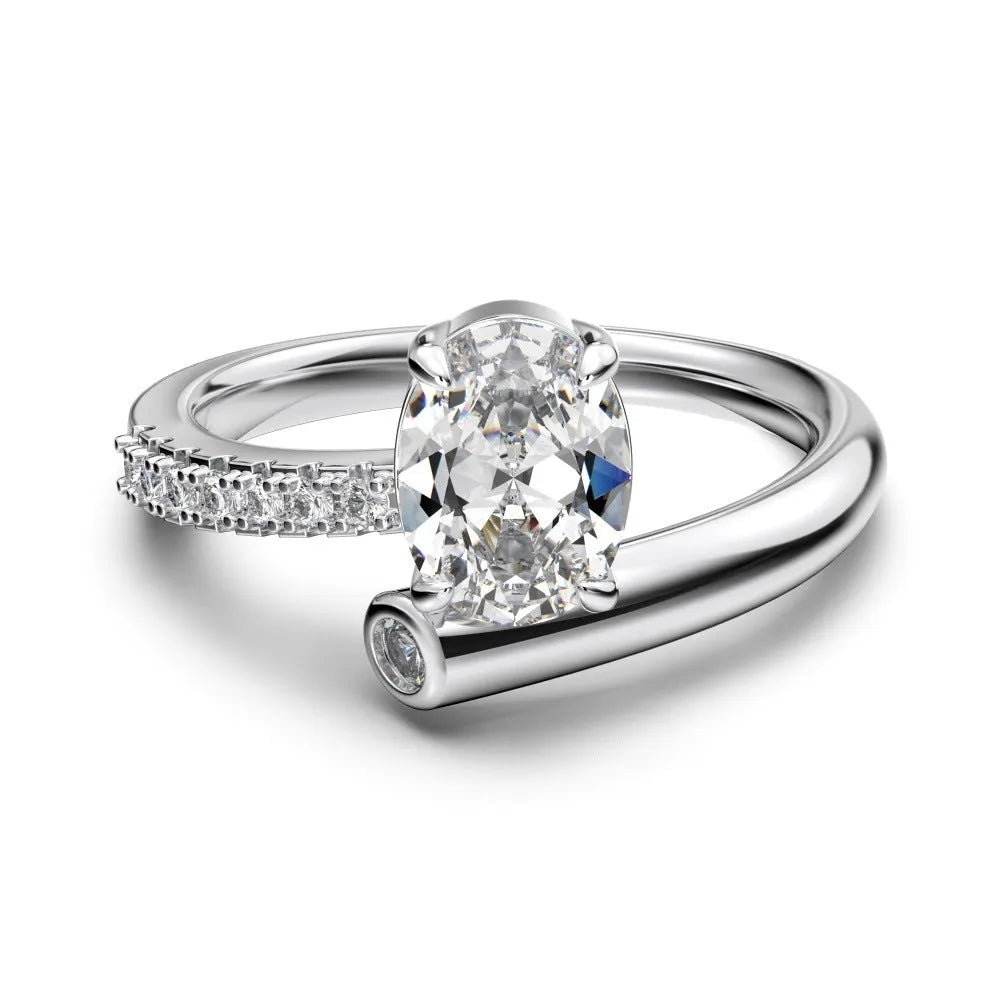 S925 sterling silver ring with oval zircon star track design on white background