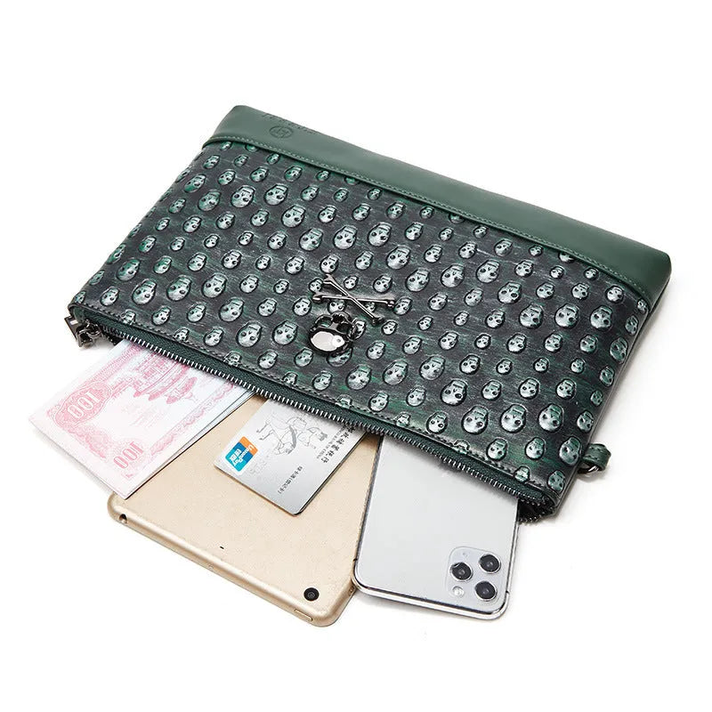 Retro men's and women's skull clutch bag in black/army green with geometric pattern and PU leather finish