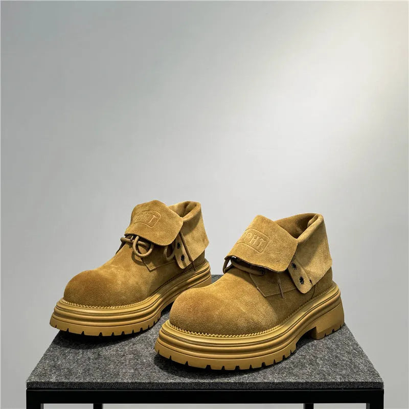 Cow suede distressed worker ankle boots with thick soles in camel colour.