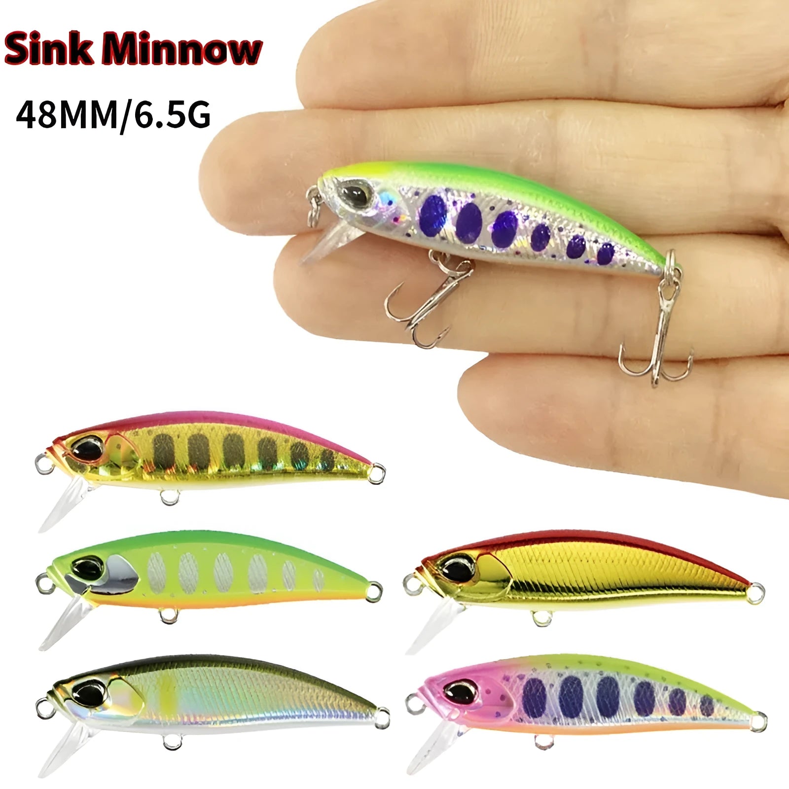 Japanese Submerged Mino hard fishing lure in multiple colours, showing 48mm length and detailed scale pattern for Mandarin Fish and Snakehead.