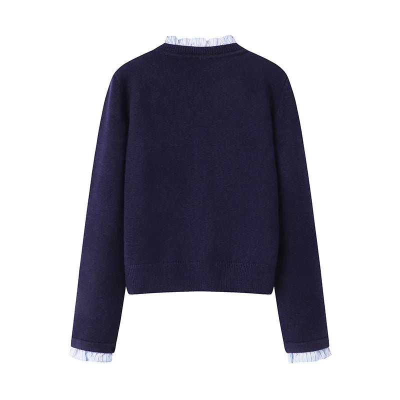 Women's pleated lace collar sweater coat in Navy Blue or Gray, acrylic long sleeve regular sleeve knit cardigan, sizes S M L