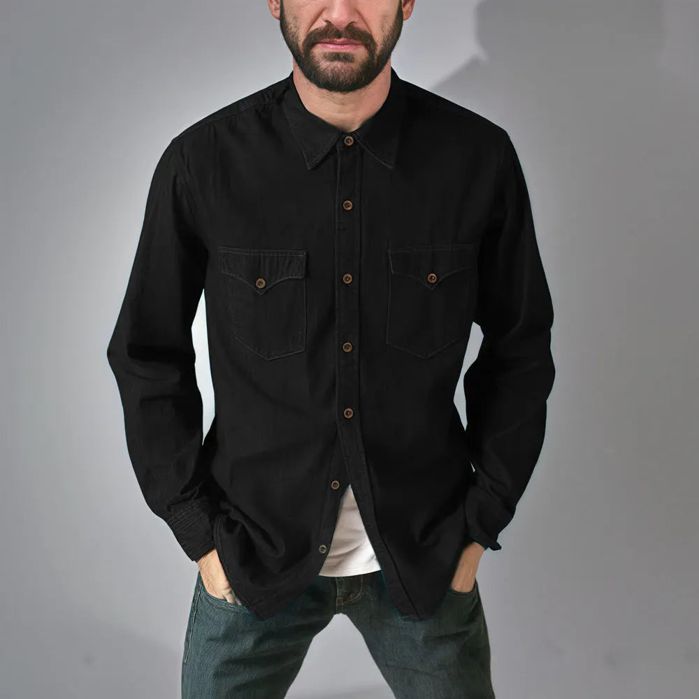 A khaki-coloured cotton denim cardigan coat with long sleeves on a hanger.