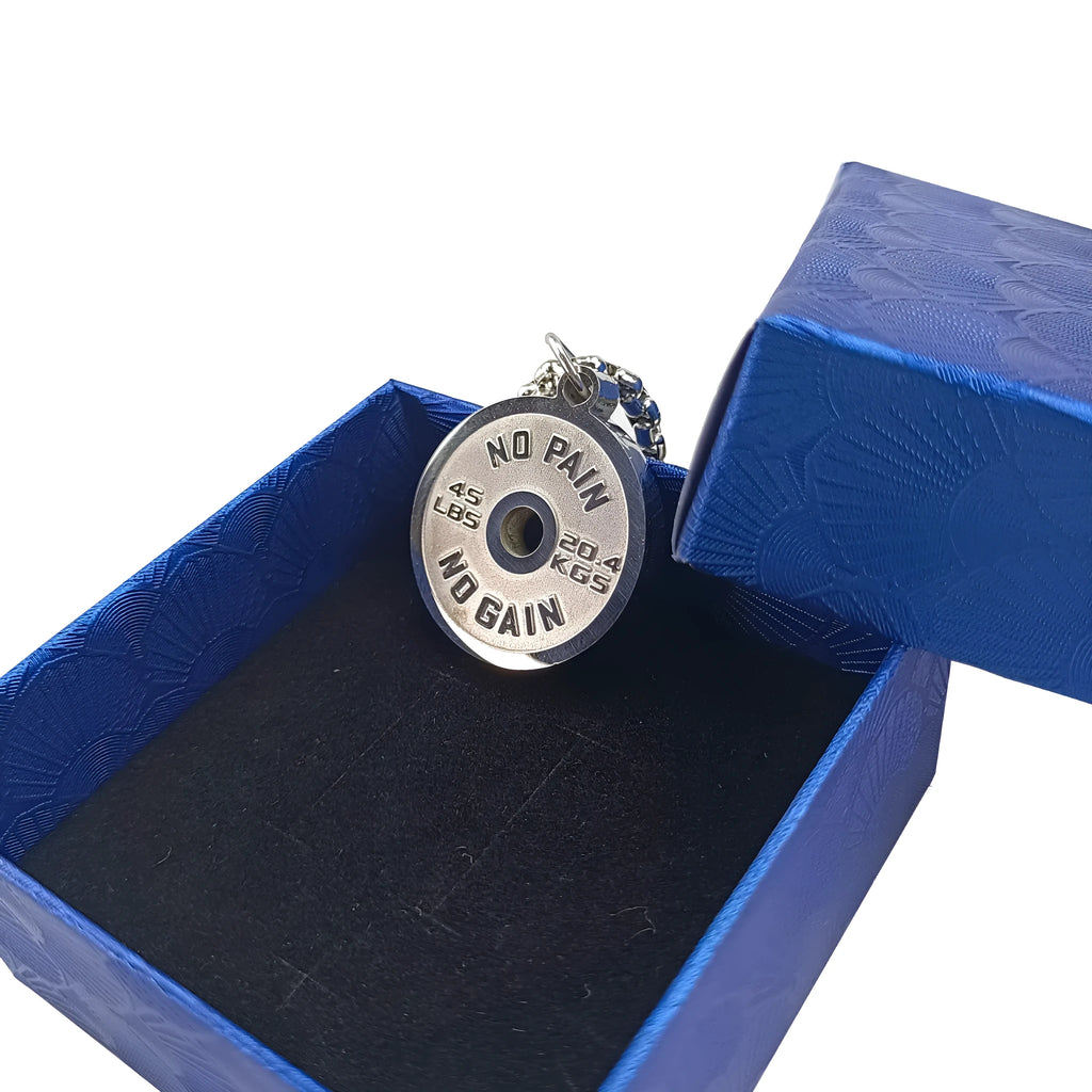 Stainless steel barbell disk necklace with geometric pendant on a choice of 60cm chain