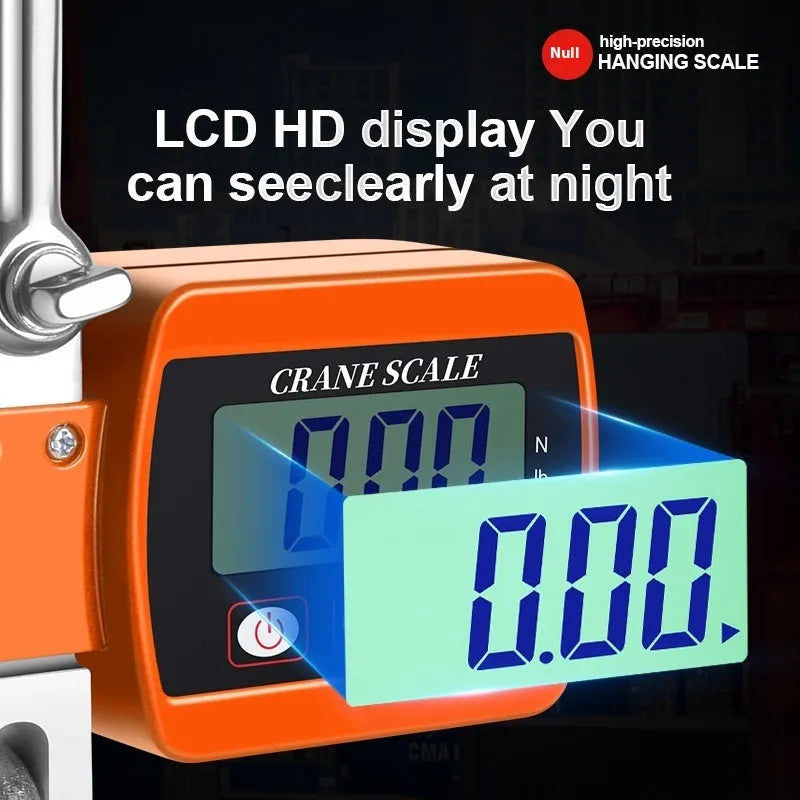 Digital hook scale electronic display with 500kg capacity shown in blue, orange, and white colour options