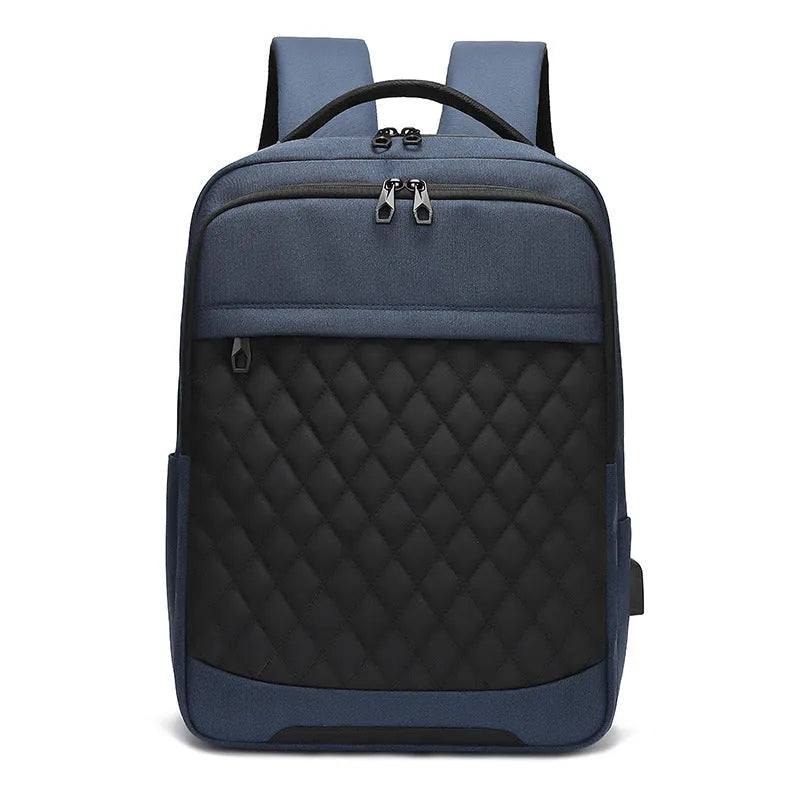 Men's solid colour Oxford cloth travel backpack with curved shoulder straps and diamond mesh detail