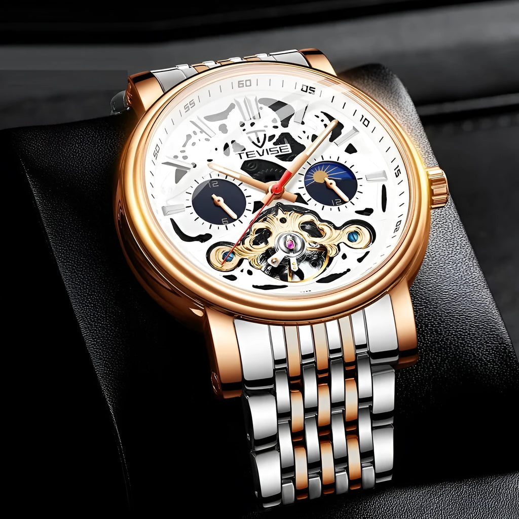 Men's casual luminous waterproof mechanical watch with visible tourbillon movement on wrist.