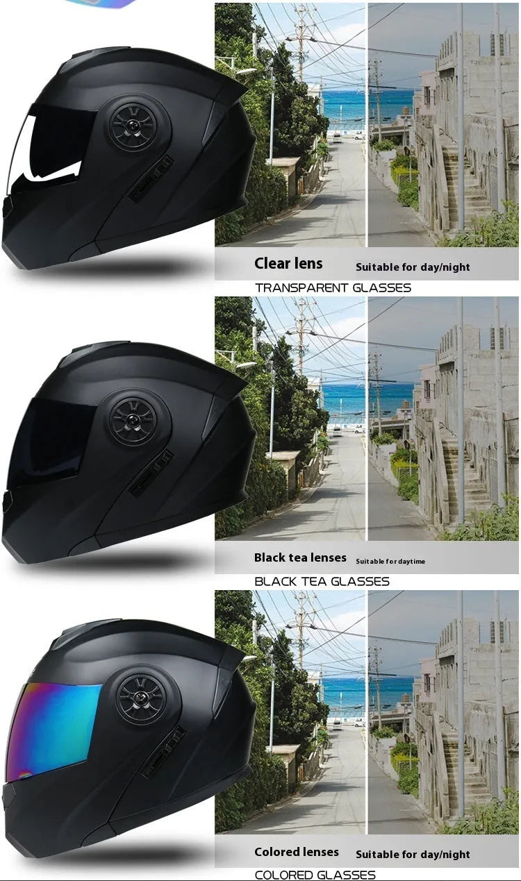 Matte black full face battery helmet for adults in sizes S M L XL on a white background.