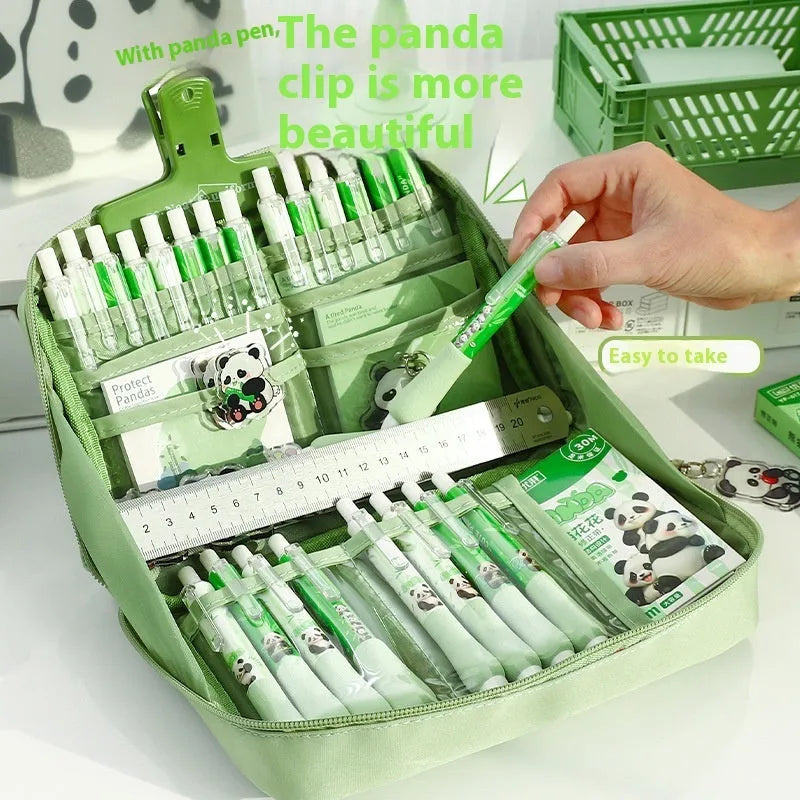 Green canvas pencil case with 12-layer compartmentalised design showing panda-themed Korean style elements
