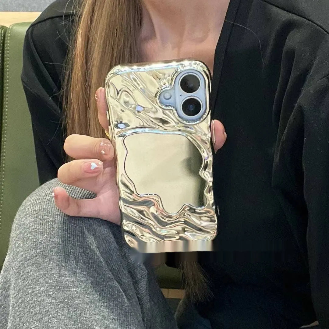 Solid colour iPhone case with water ripple texture and a small mirror, shown on a phone.
