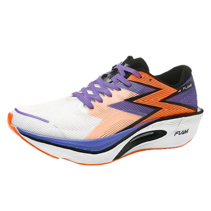 Marathon full palm carbon plate running shoes in orange, showing low-top fabric upper and round toe.