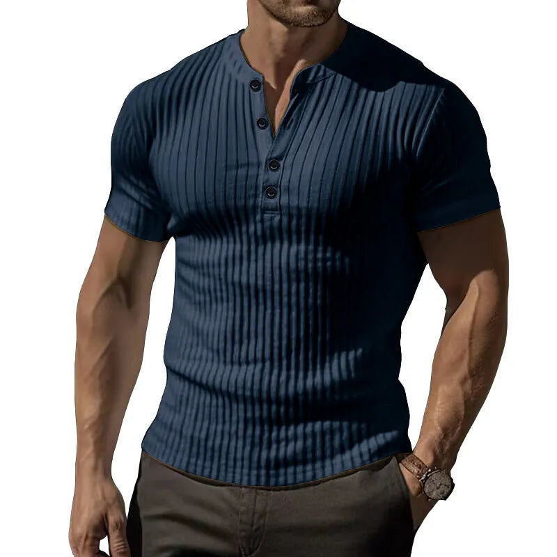 Men's slim-fit muscle short sleeve sports t-shirt in polyester fabric on a grey background.