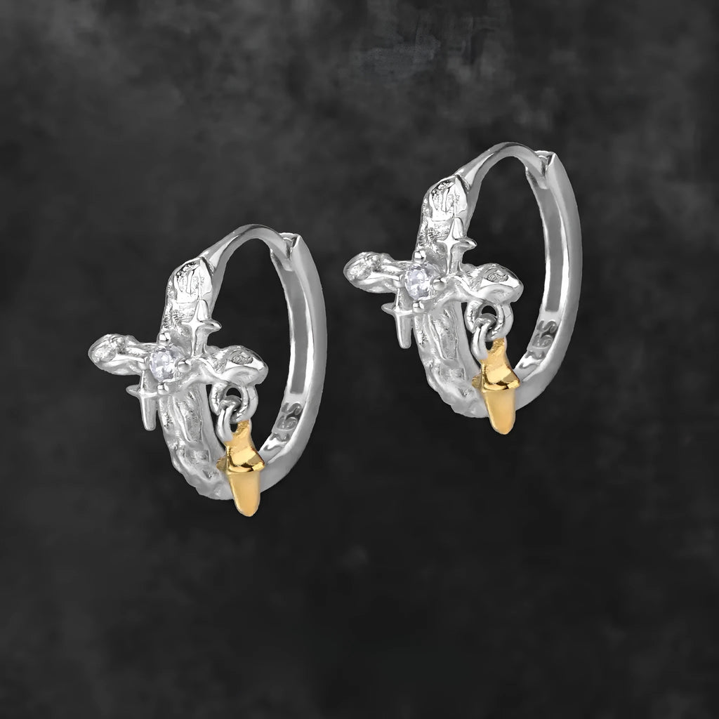 925 silver cross earrings with geometric design and white gold electroplated finish
