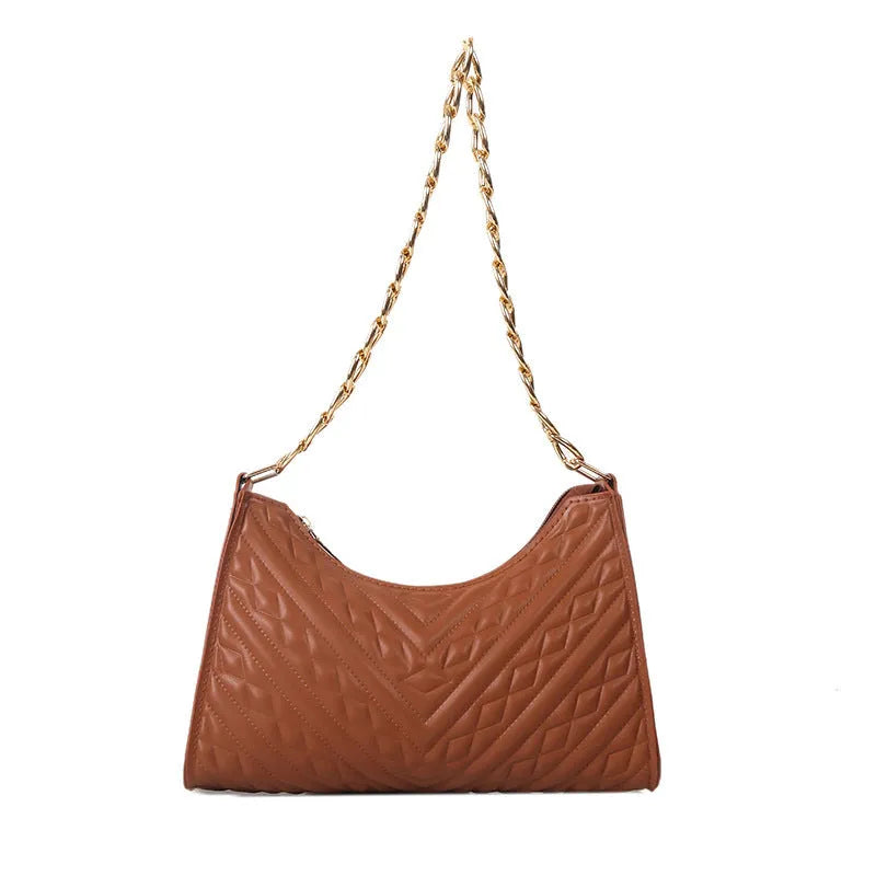 Brown pleated chain shoulder bag with square shape and adjustable metal strap