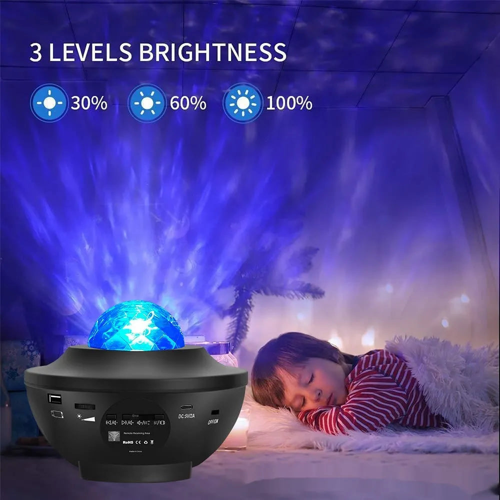 Black parallel style Bluetooth starry sky projection lamp with remote control on a desktop.