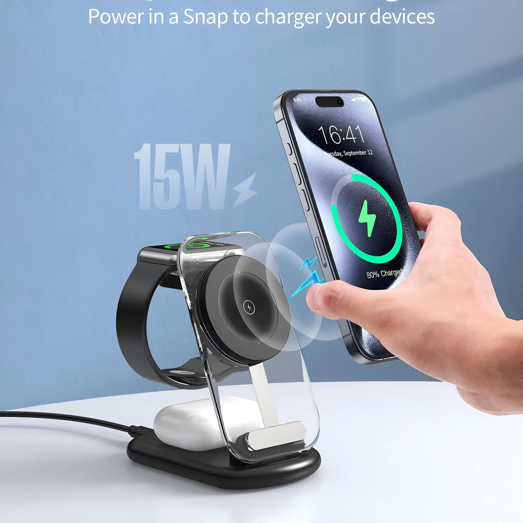Transparent folding 3-in-1 wireless charger with phone, watch, and earbuds charging simultaneously, showing internal coils.