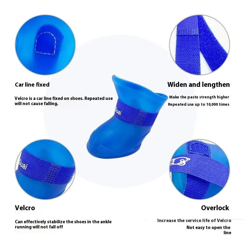 A set of four colourful rubber rain shoes for dogs, showing soft soles and bright pink, blue, orange, and red colours.