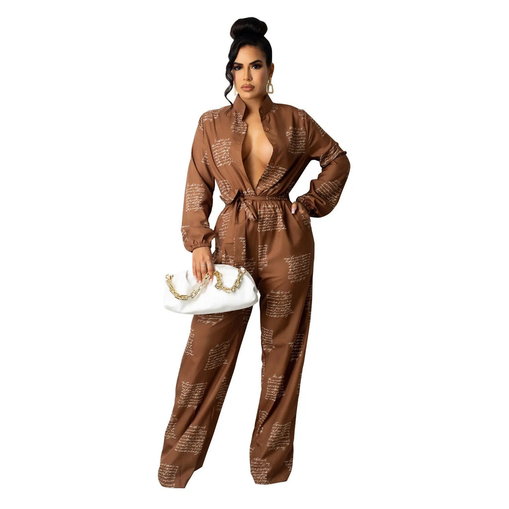 Women's loose shirt jumpsuit, long sleeve, printed thin polyester, mid waist, white or brown, sizes S to XXL