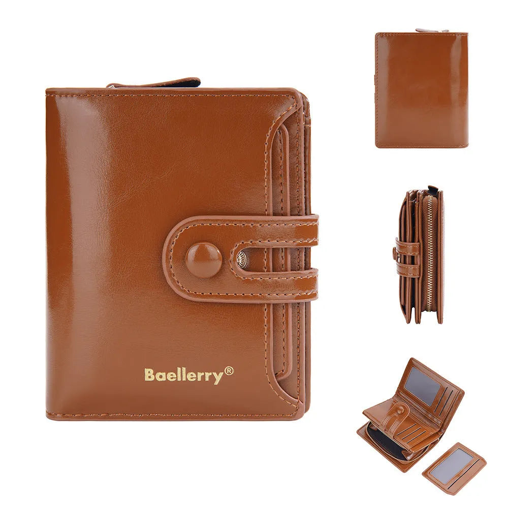 Women's PU leather card holder wallet shown in multiple colour options including black, blue, and pink.