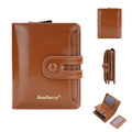 Women's PU leather card holder wallet shown in multiple colour options including black, blue, and pink.
