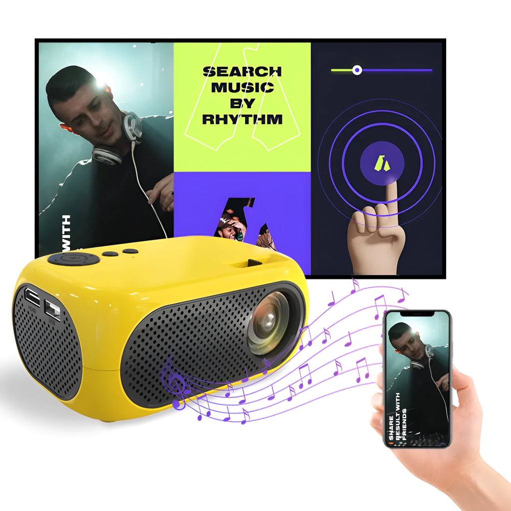 M24 micro mini portable LED projector in gold or white colour with power adapter and cables.