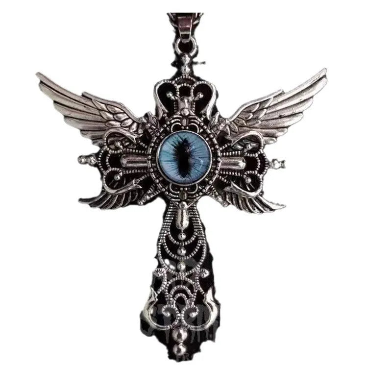 Geometric devil wings and cross alloy pendant necklace on a chain, shown in blue, green, purple, red, and yellow colour variants.