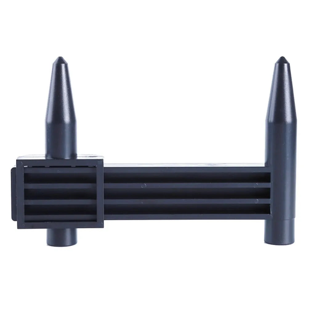 Electronic digital plastic caliper hole distance measuring tool on a plain background.