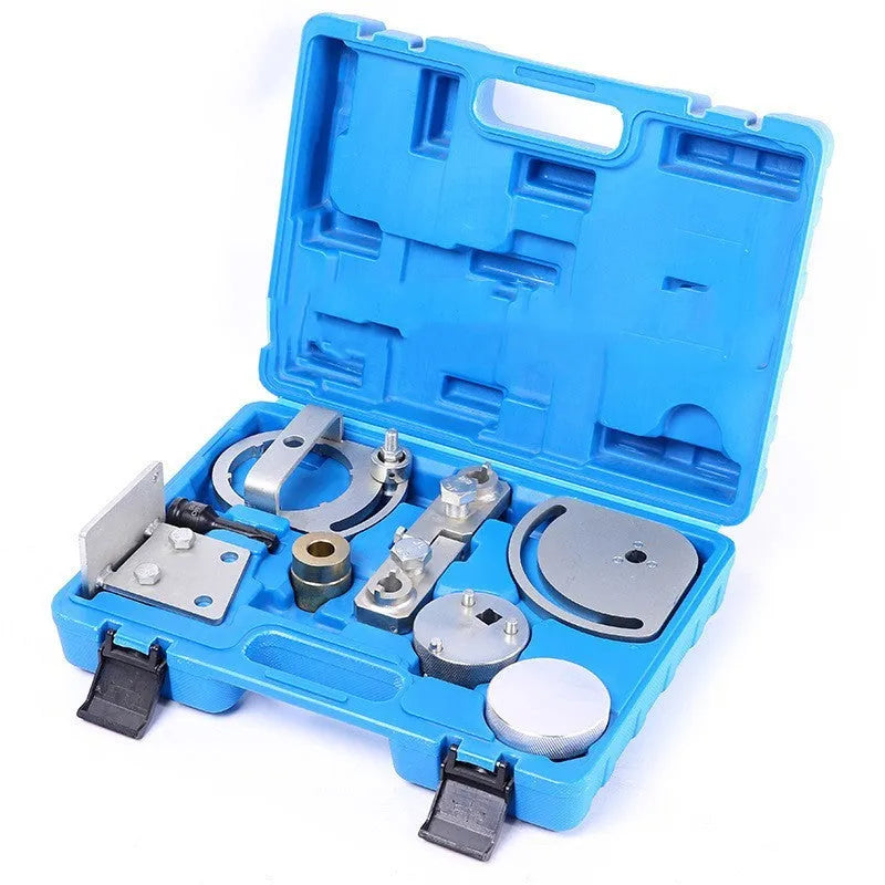 Eight carbon steel Volvo engine timing tools for cylinder head and camshaft alignment on a workshop bench.