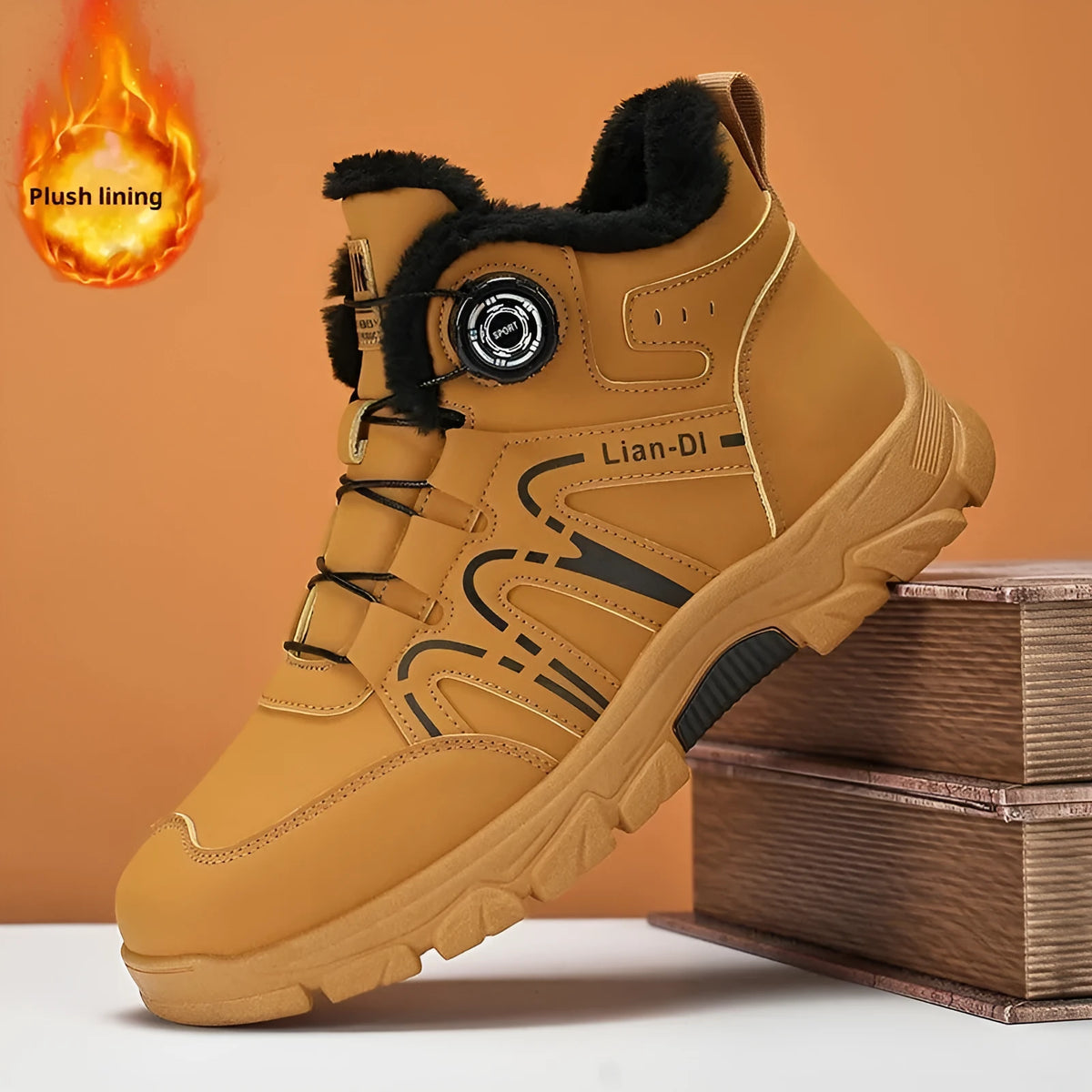 Pair of warm Martin boots with stitched artificial PU upper and PVC sole, shown in black or khaki