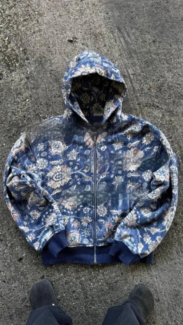 Men's blue loose hooded zip coat with long sleeves and casual styling