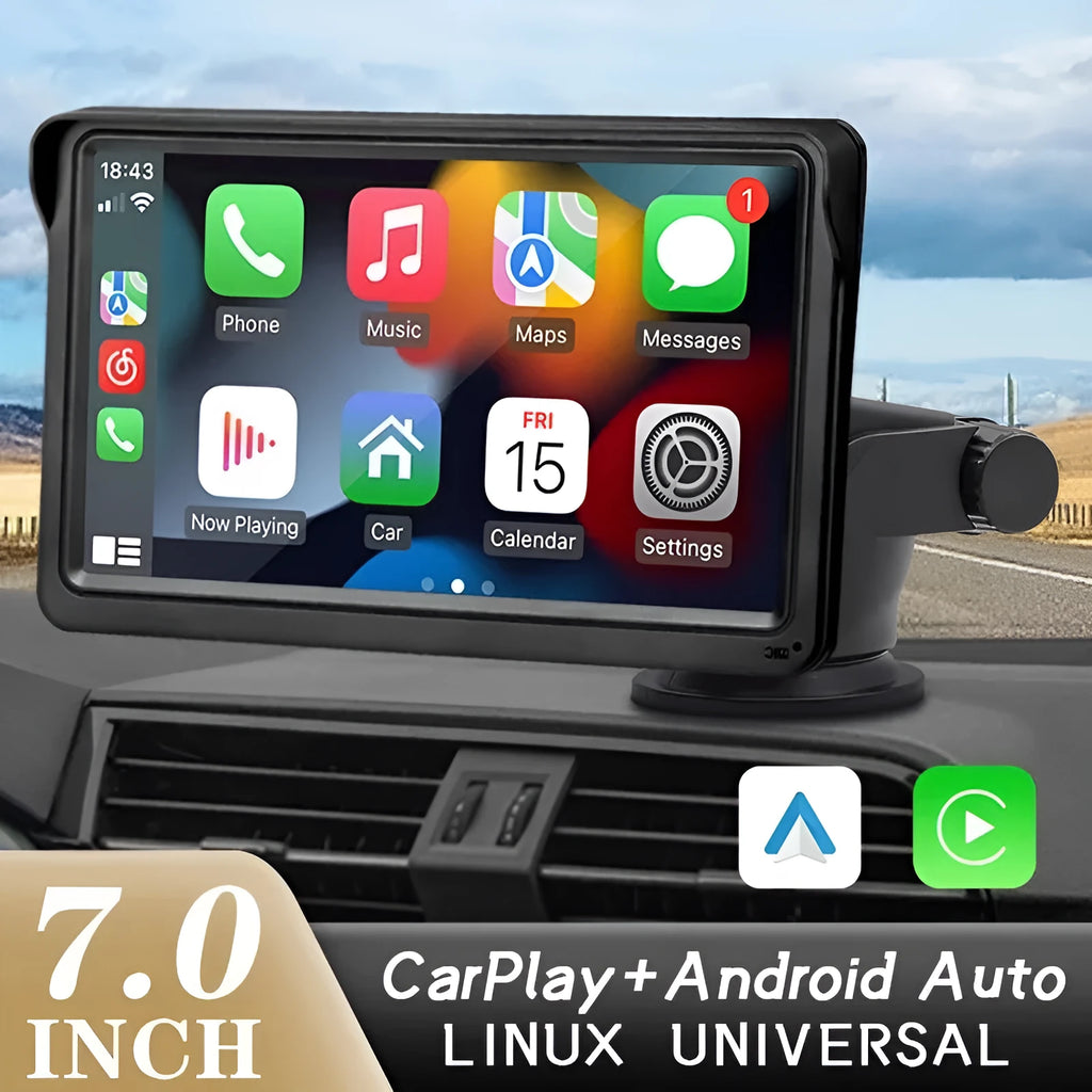7-inch car display screen for dashboard with Wireless CarPlay and HD 1024x600 resolution