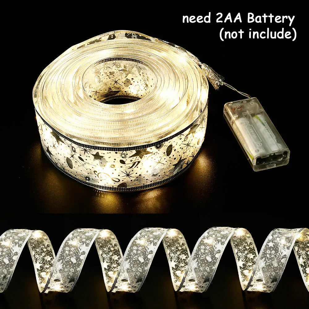 Fairy lights string with Christmas ribbon bow tie decoration in gold or silver colour options