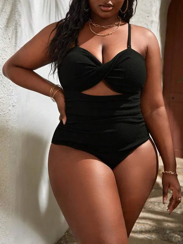 Plus size women's black slimming one-piece swimsuit with triangle sling and sleeveless design, sizes S-5XL