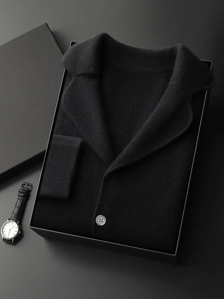 Lapel men's solid colour cashmere cardigan sweater with a loose fit and thickening knit.