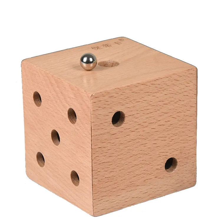 Dice maze wooden educational toy, 8.2cm cube ball labyrinth on white background