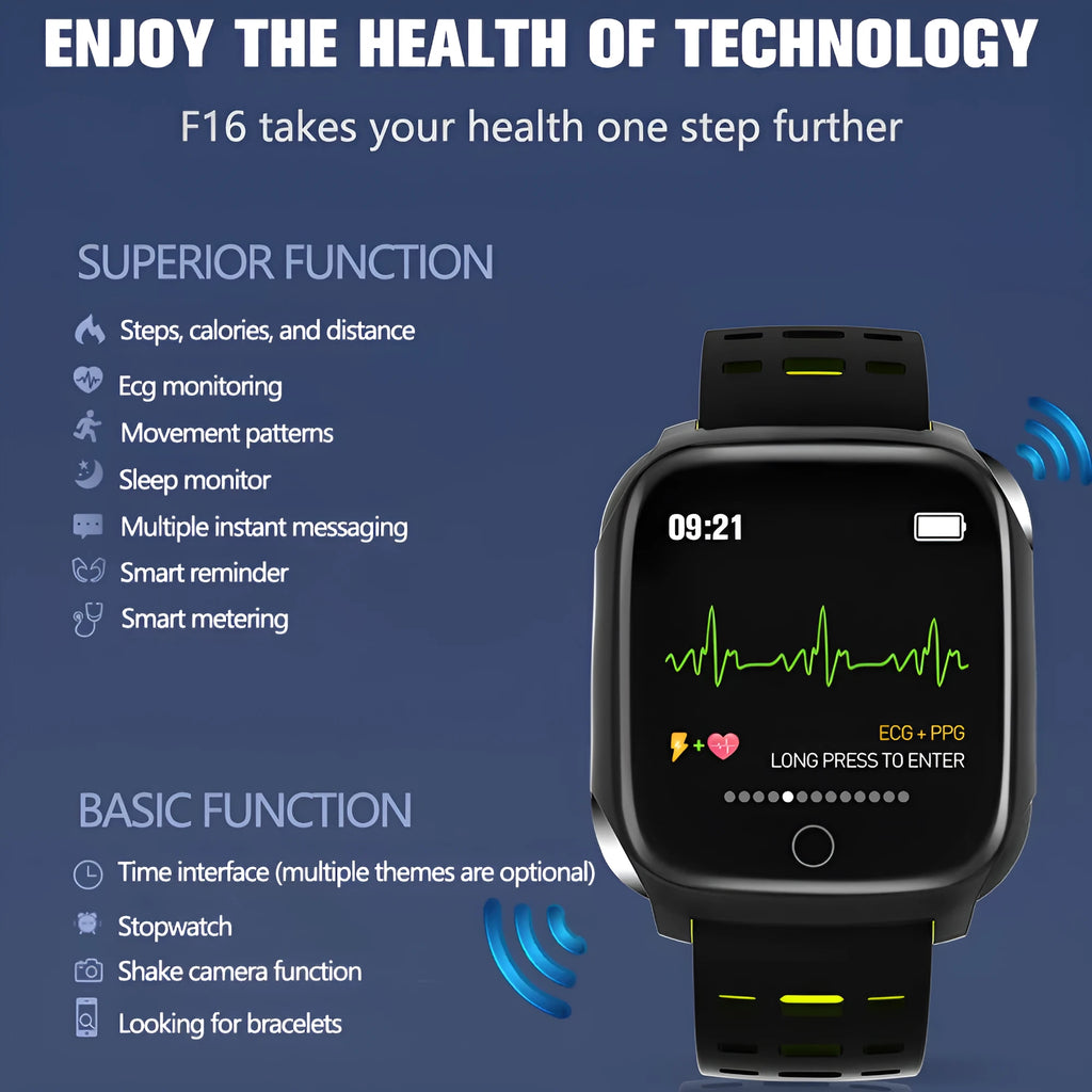 F16 Smart Watch with ECG and blood pressure monitoring on a silicone wristband in black colour options.