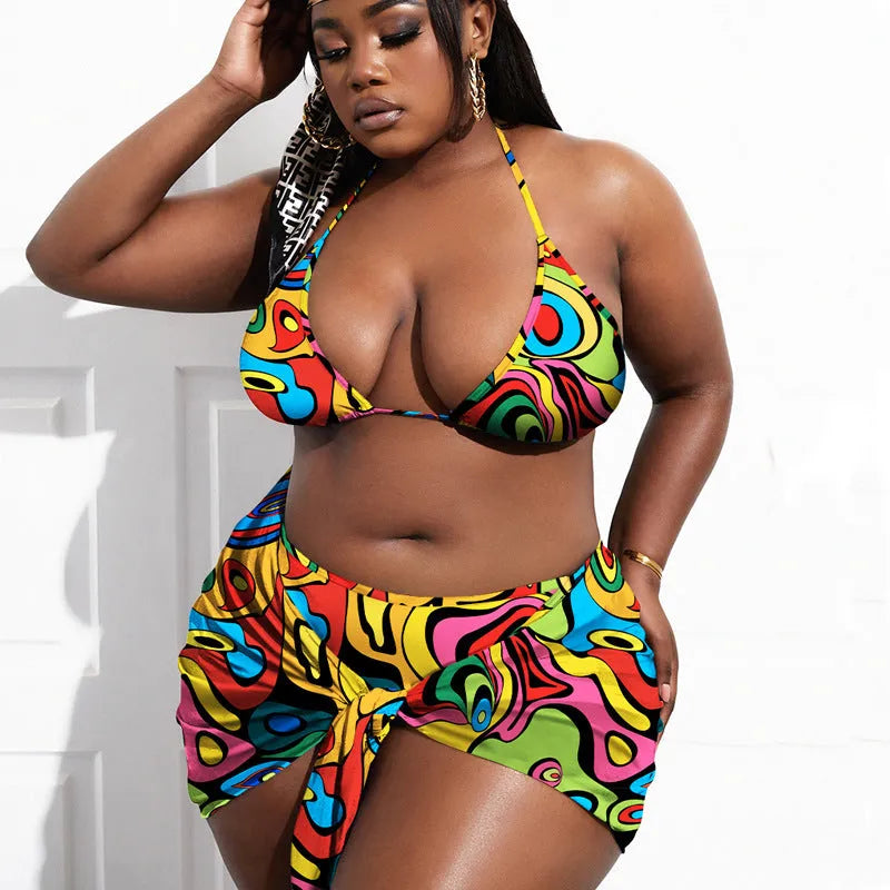 Women's bikini set with matching skirt in nylon fabric available in sizes XL to 4XL picture colour
