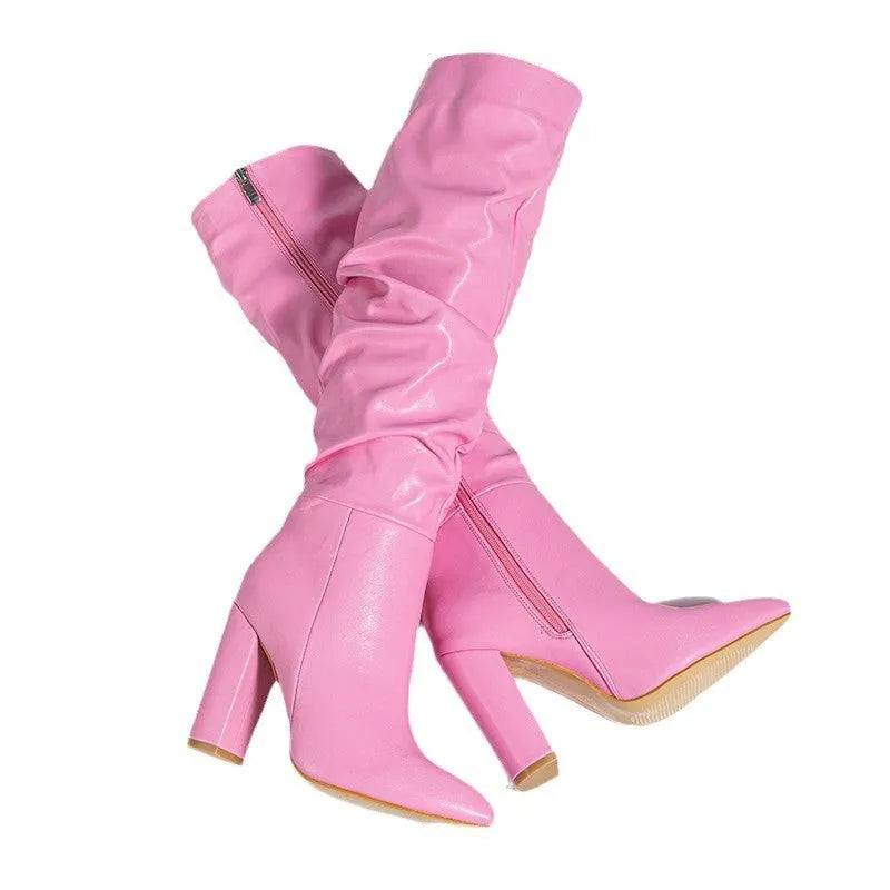 Women's pointed toe high heel boots with side zipper in white or pink colour options