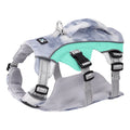 A light blue reflective dog cooling vest harness with a chest strap on a small dog