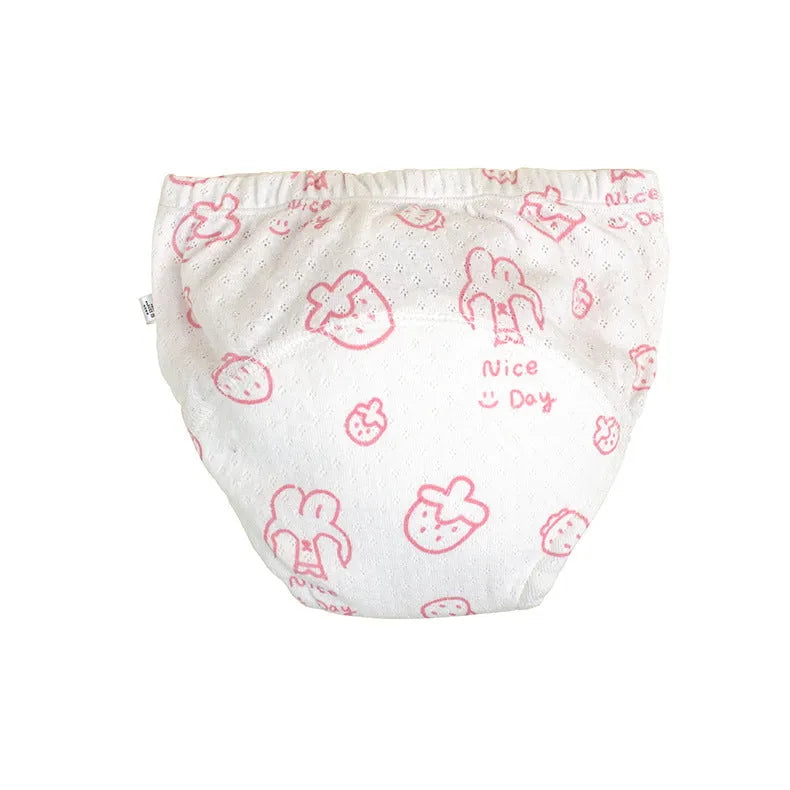 Washable pure cotton cloth diaper training pant with waterproof layer in bear and strawberry rabbit designs, sizes 90-110.