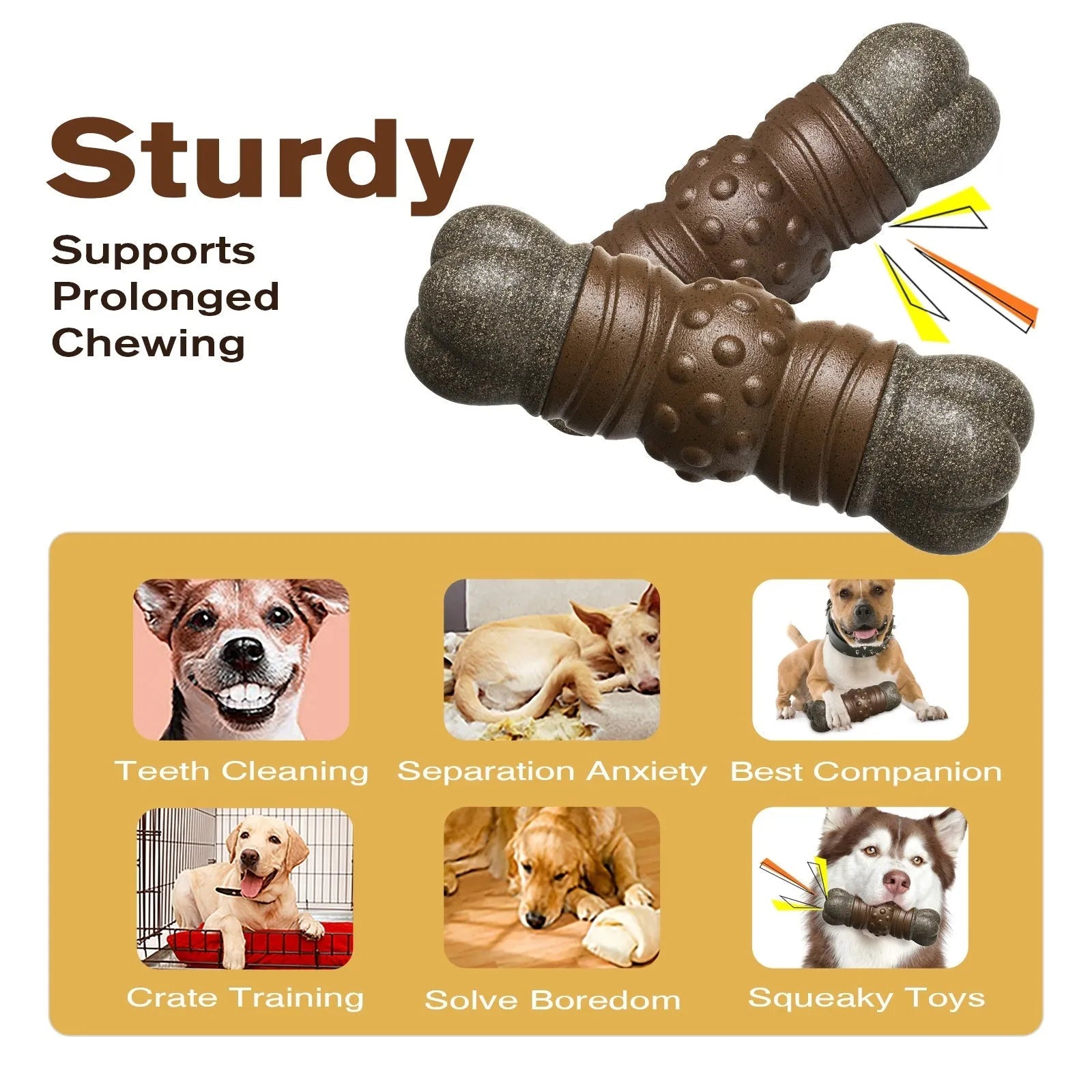Wood colour plastic dog toothbrush chew toy with bone and molar rod design.