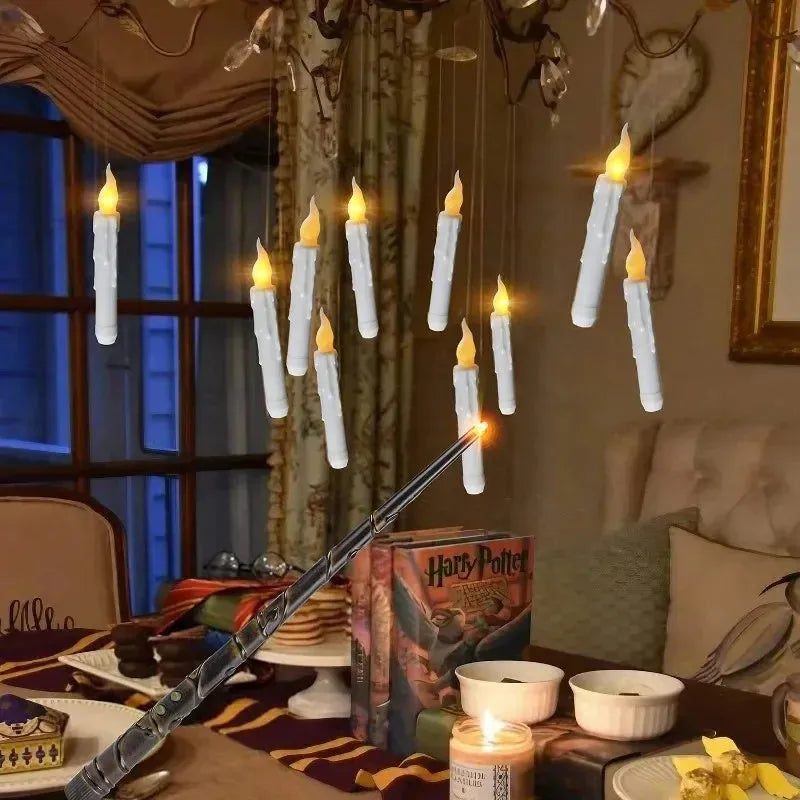 12 white floating LED candles with magic wand remote control and fishing line for hanging Christmas Halloween party decor