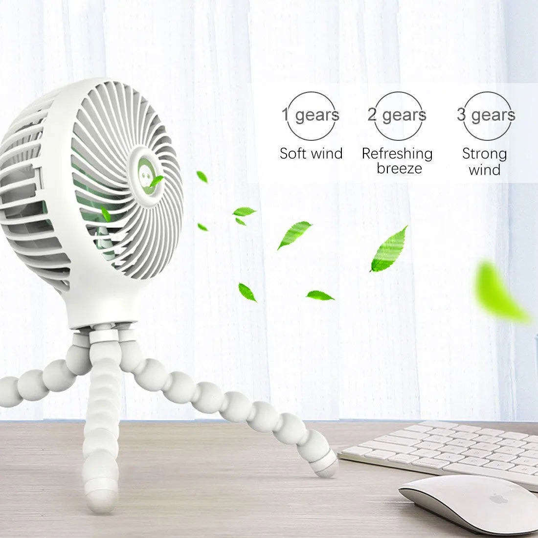 Octopus deformed folding fan with flexible tentacle legs in white, USB rechargeable, 2000mAh battery