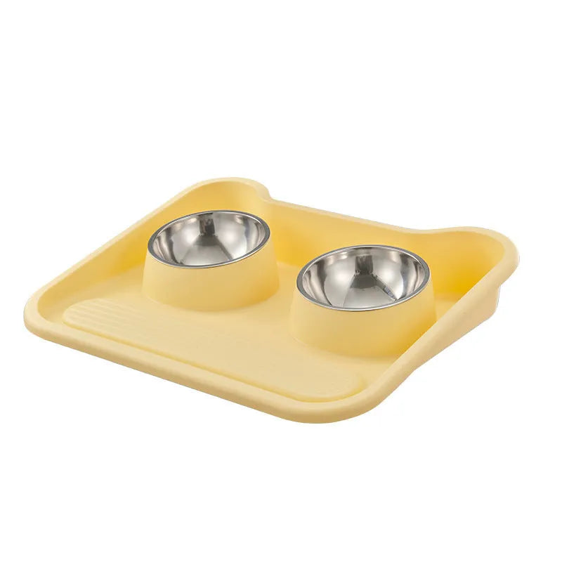 Stainless steel tilted double bowl pet food utensils in Gray, Green, and Yellow colours
