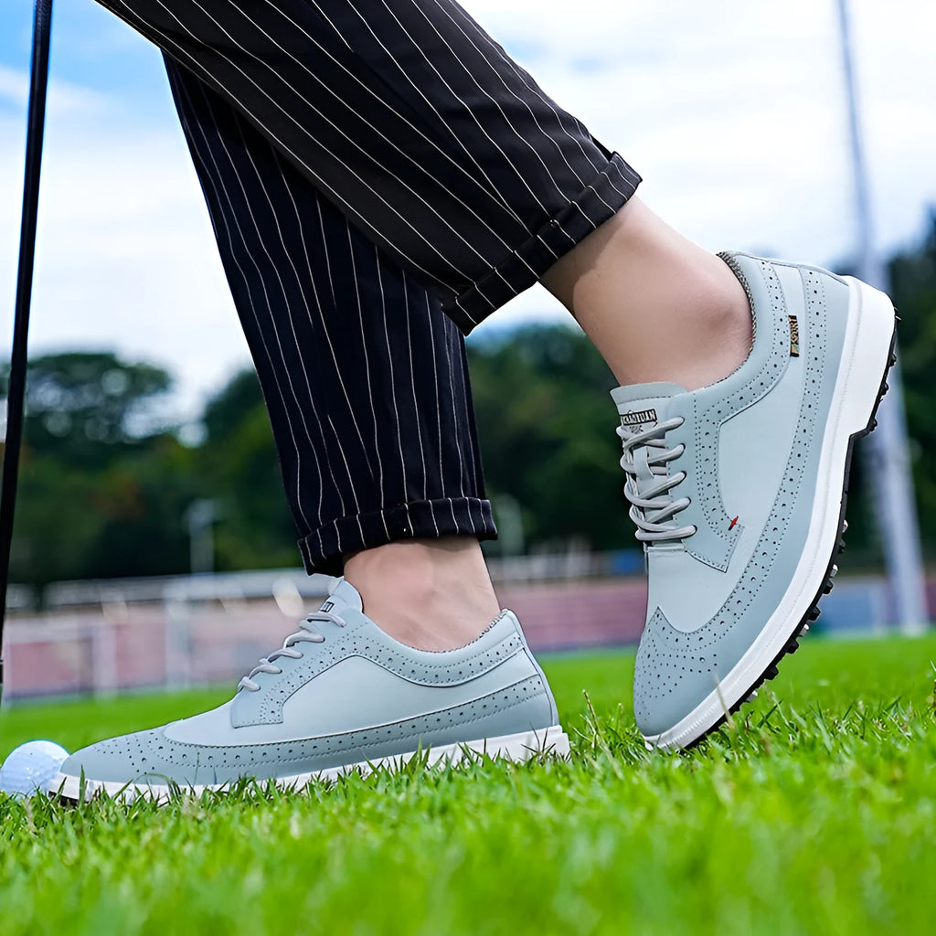 Men's lake blue and white genuine leather golf shoe with non-slip rubber outsole