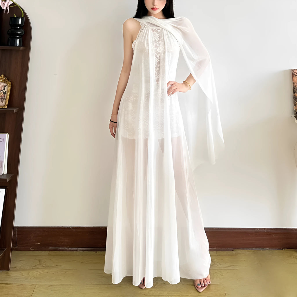 Women's halter lace stitching A-line long dress, white, high waist, street fashion, sizes S M L