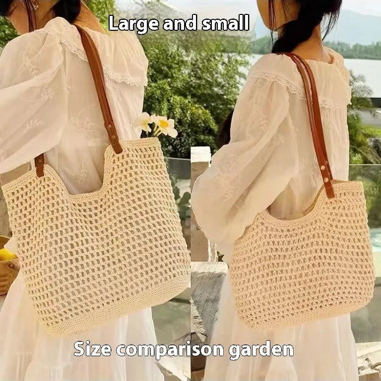 Beige woven cotton linen shoulder bag with a large main compartment.