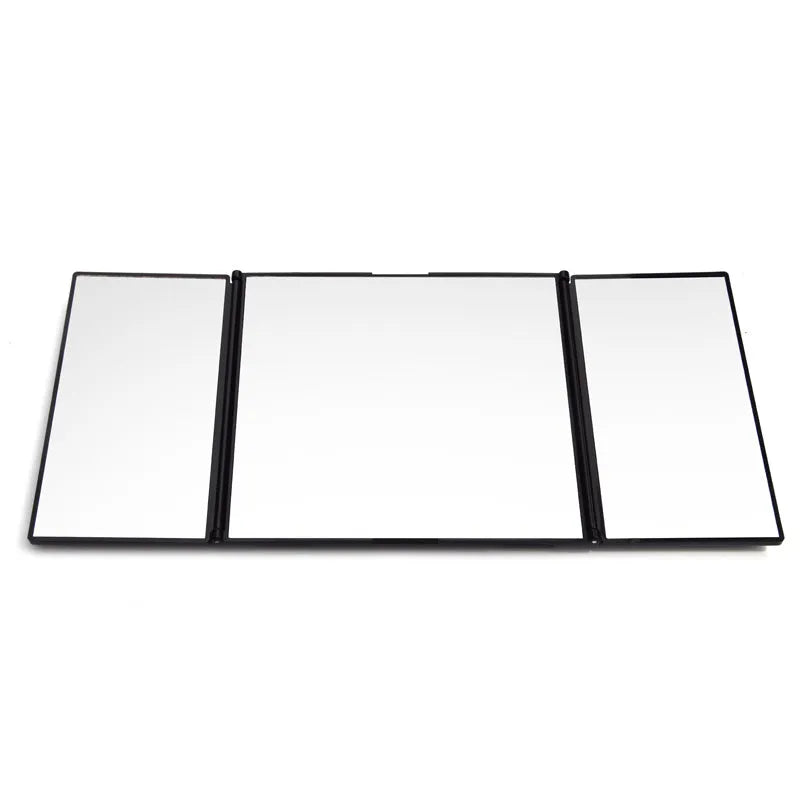 Silver car folding makeup mirror shown both closed and opened, with ABS frame and glass mirror.