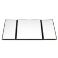 Silver car folding makeup mirror shown both closed and opened, with ABS frame and glass mirror.