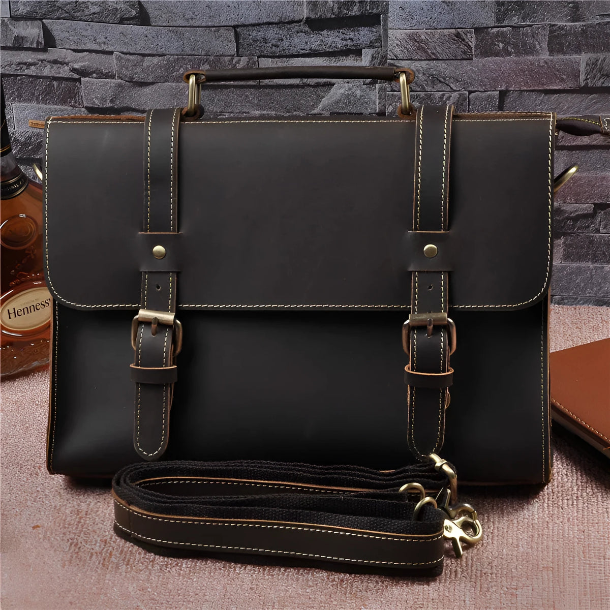 Men's genuine cowhide Crazy Horse leather handbag 13-inch dark brown with lock closure, plain retro style